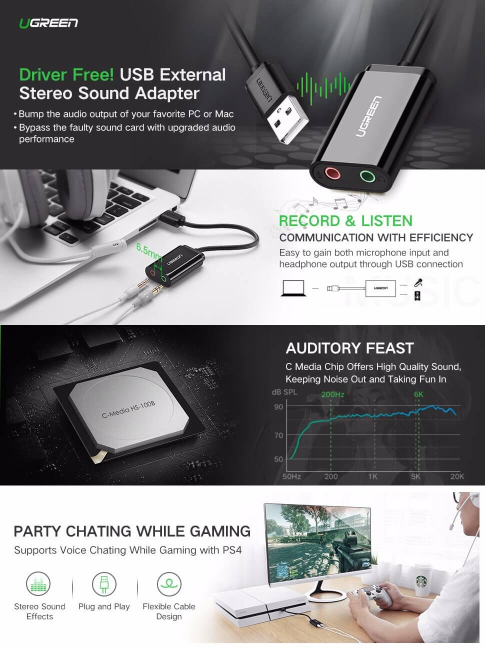 USB Audio Adapter External Stereo Sound Card features