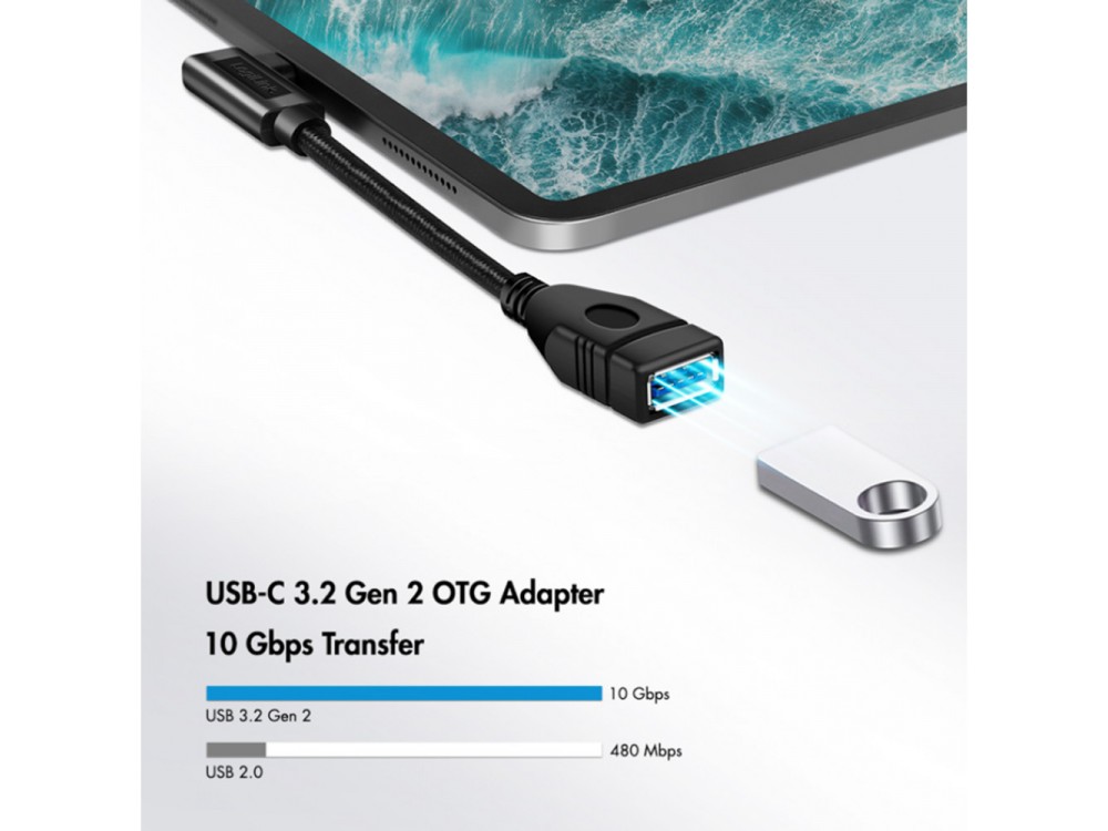 Techly USB-C 3.2 Gen2 to USB-A Adapter with 20cm Nylon Braided Cable Aluminum OTG Adapter Type-C Male to USB-A Female