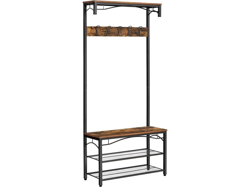 VASAGLE Floor Clothes Hanger, with Hooks, Bench & Lower Shoe Shelves 178.5 x 32 x 80cm in Rustic Style, Brown