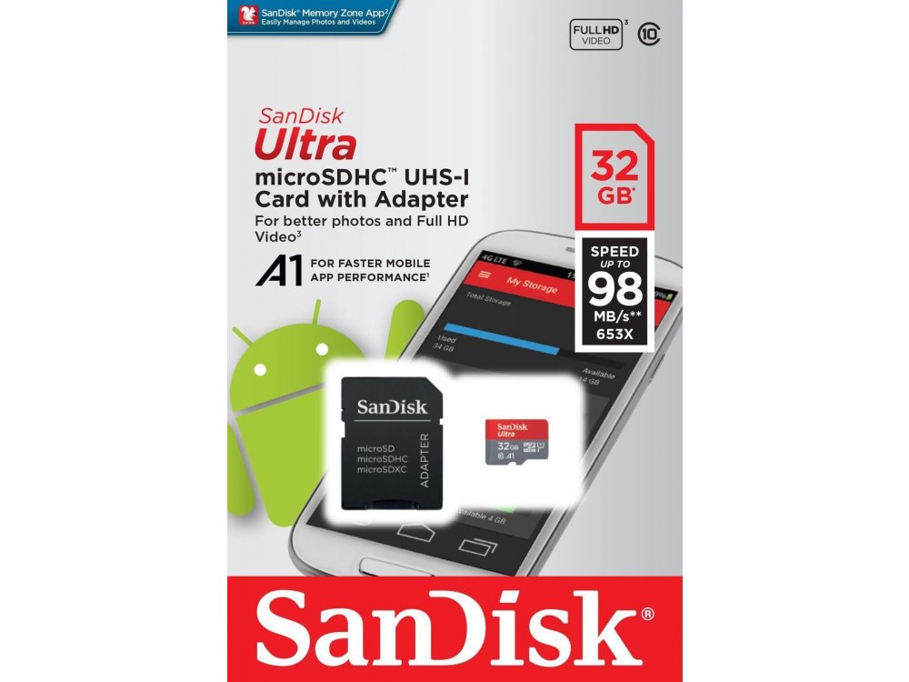 Sandisk Ultra Android microSDHC 32GB Class 10 A1 98MB/s με Adapter - SDSQUAR-032G-GN6MA