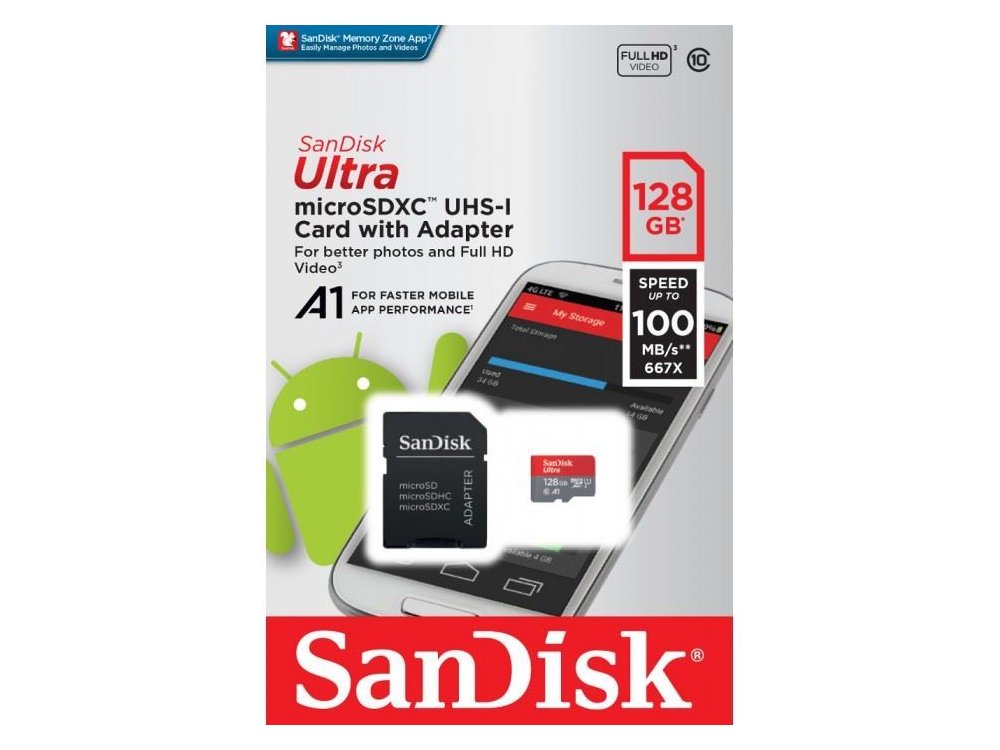 Sandisk Ultra Android microSDXC 128GB Class 10 A1 100MB/s με Adapter - SDSQUAR-128G-GN6MA