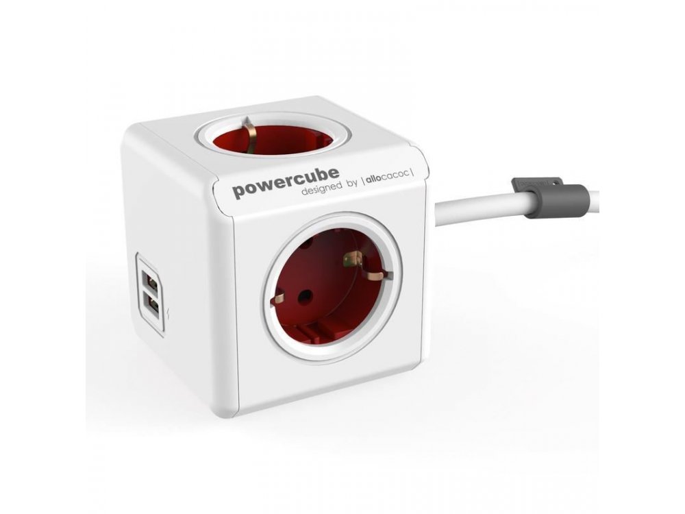 Allocacoc PowerCube Extended 4 Sockets & 2 USB 1.5m Red - 1406RD/DEEUPC