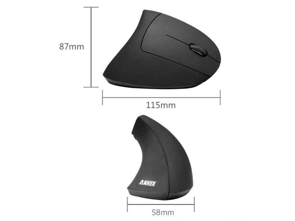 Anker Wireless Vertical Ergonomic Mouse, 800 / 1200 / 1600DPI, 5 Button - A7852011, Black