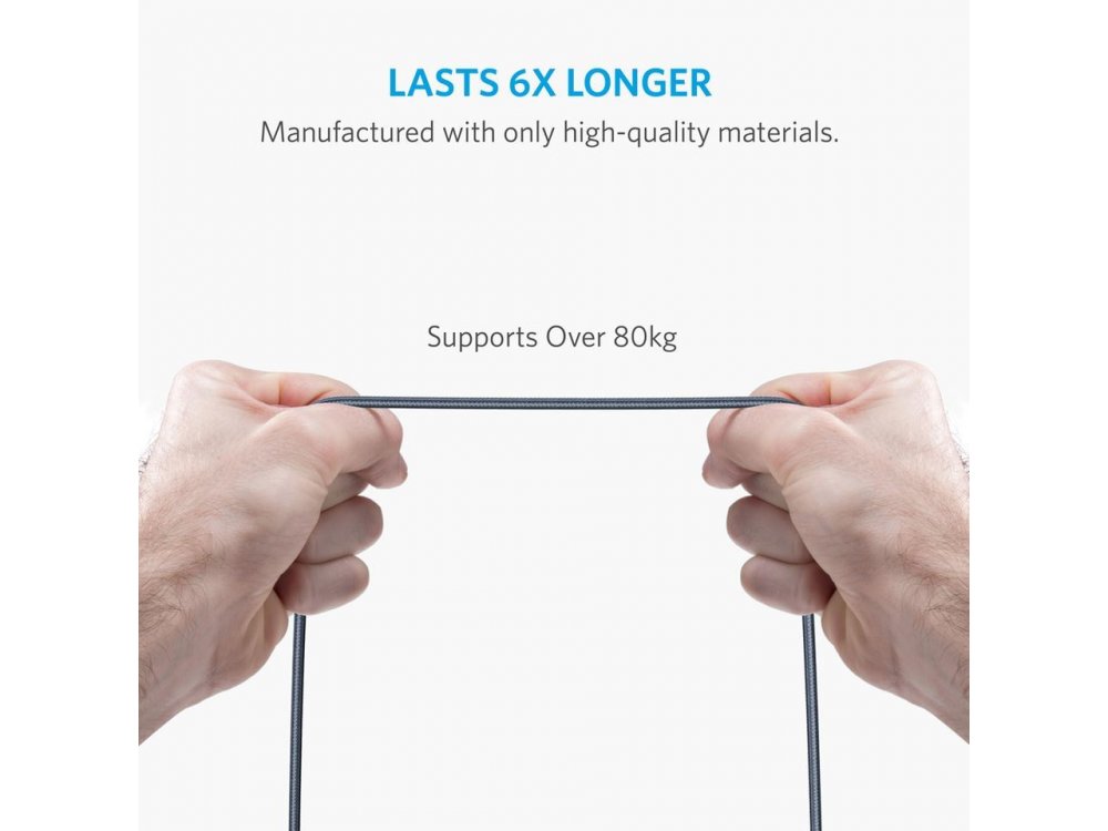 Anker Powerline+ 6ft Cable USB-C to USB 3.0 - A81680A2, Nylon-braided Black