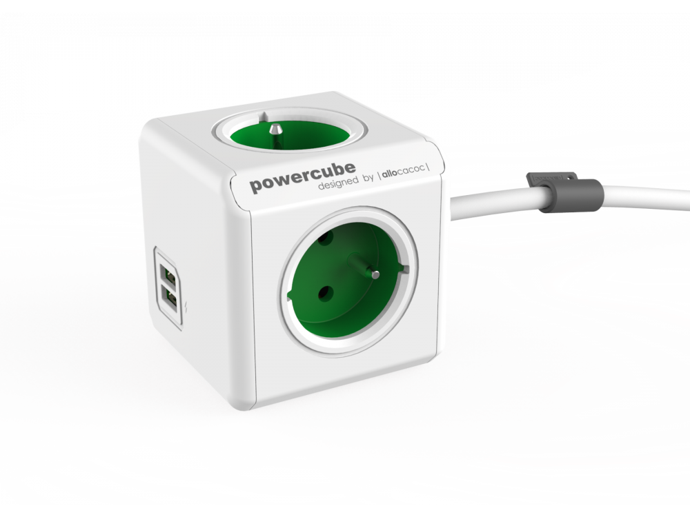 Allocacoc PowerCube Extended 4 Πριζών Σούκο & 2 USB 1.5m Πράσινο - 1406GN/DEEUPC