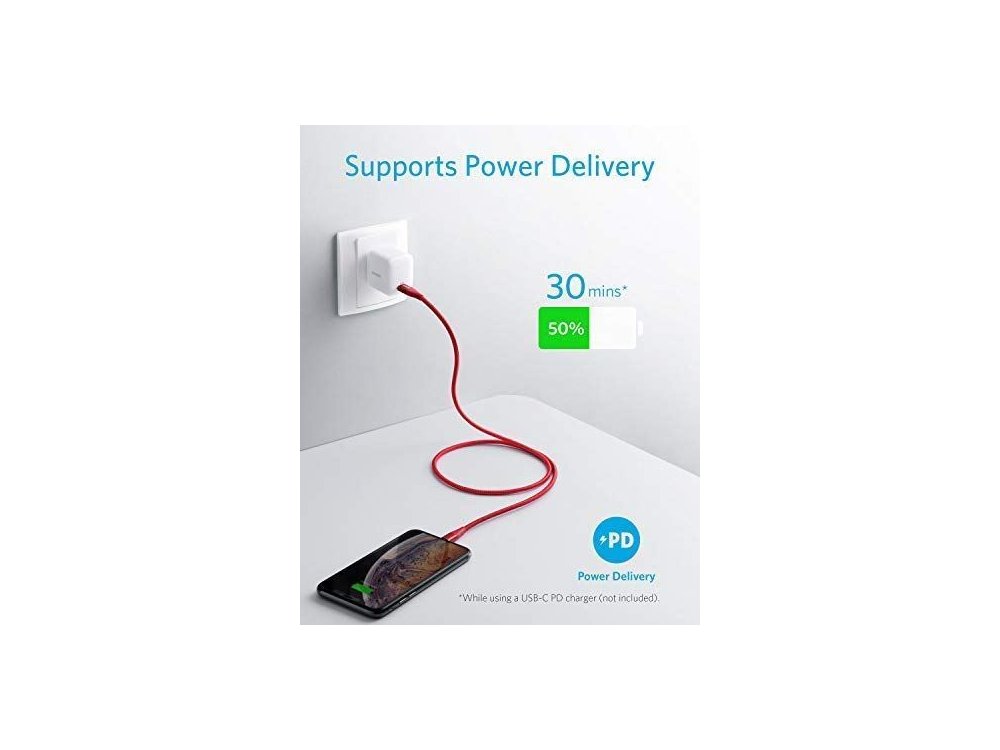 Anker PowerLine+ ΙΙ USB-C to Lightning cable 3ft, Nylon Weaving -A8652091, Red