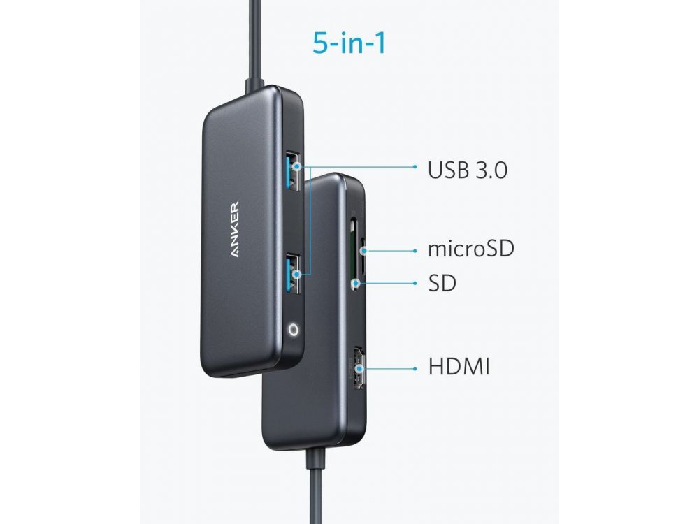 Anker PowerExpand 5-in-1 Premium USB C Data Hub - HDMI/4Κ + Card Reader + USB 3.0*2 Ports - A83340A1