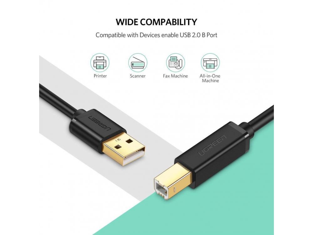 Ugreen USB 2.0 to USB-B Printer / Scanner  Cable 1.5m. - 10350, Black 