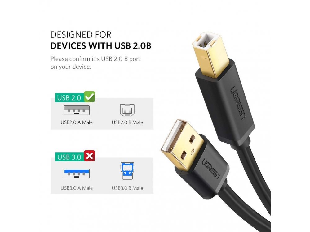Ugreen USB 2.0 to USB-B Printer / Scanner  Cable 1.5m. - 10350, Black 
