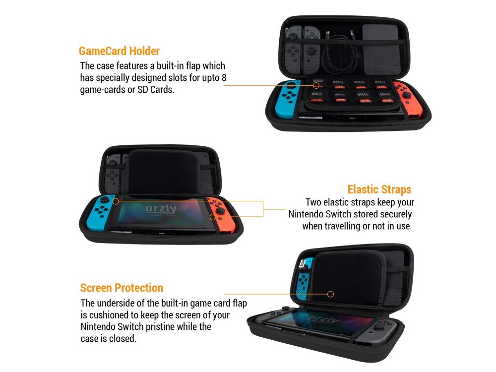 Orzly Nintendo Switch θήκη μεταφοράς για συσκευή και παρελκόμενα, Μαύρη