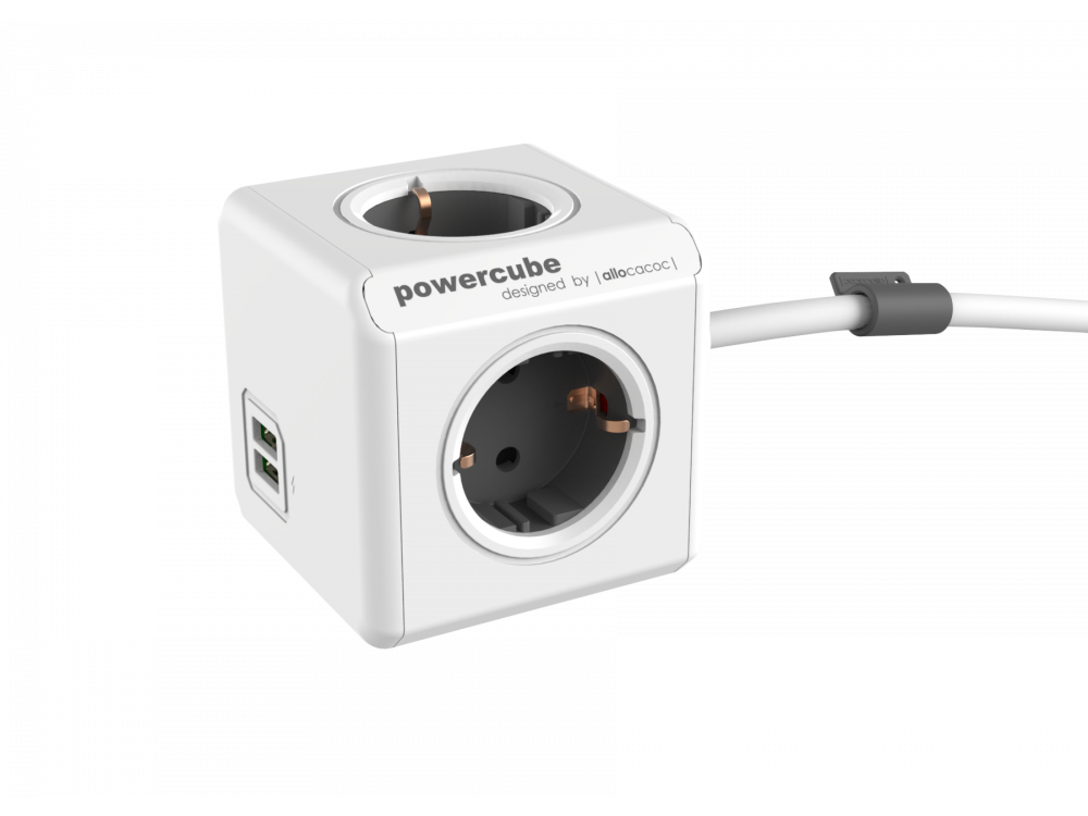 Allocacoc PowerCube Extended 4 Sockets  and 2 USB Ports 1.5m - Grey - 1406GY/DEEUPC