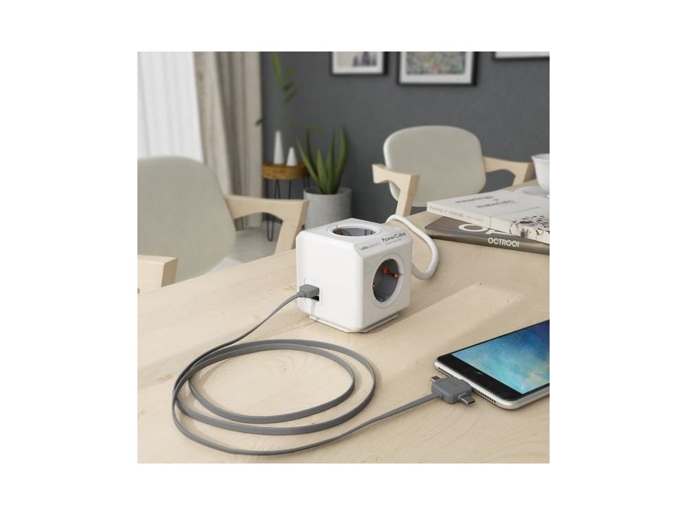 Allocacoc PowerCube Extended 4 Sockets  and 2 USB Ports 1.5m - Grey - 1406GY/DEEUPC