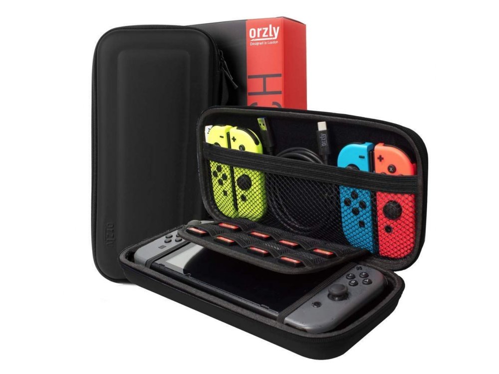 Orzly Nintendo Switch Accessories Bundle - 2x Glass Screen Protector, καλώδιο USB, Carry Case, Θήκη Card Games, Grip, Μαύρο