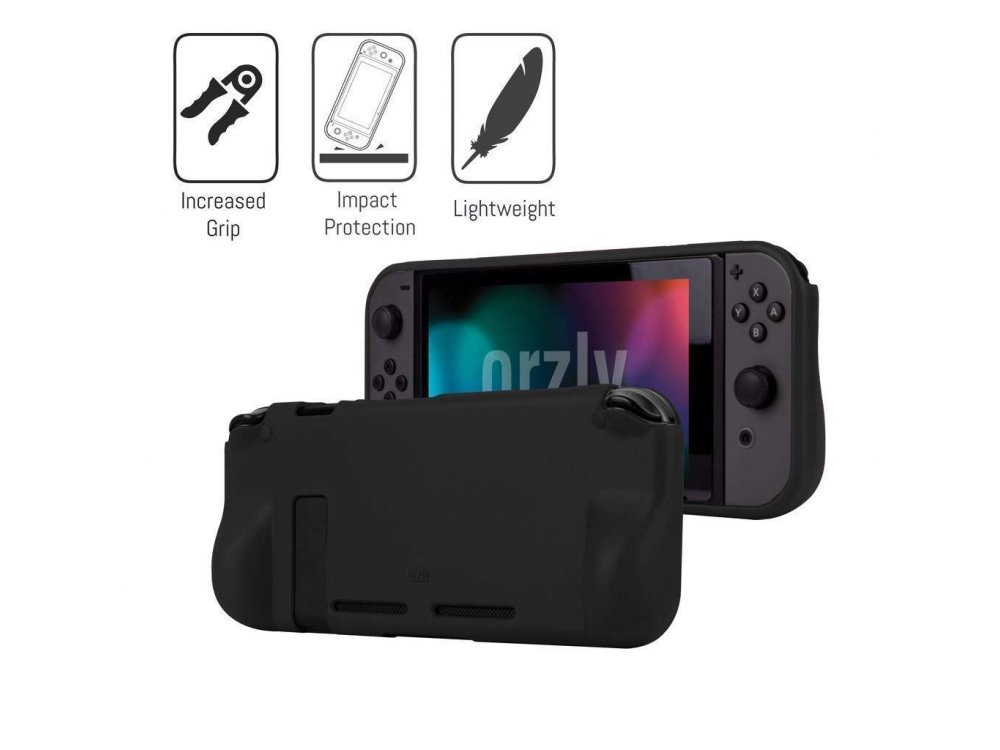 Orzly Nintendo Switch Accessories Bundle - 2x Glass Screen Protector, USB charging cable, Concole Pouch, Comfort Grip Case, Headphones  - Black