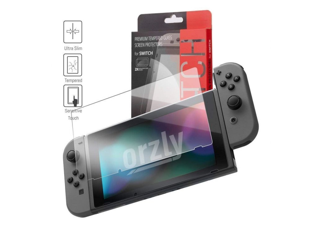 Orzly Nintendo Switch Accessories Bundle - 2x Glass Screen Protector, καλώδιο USB, Carry Case, Θήκη Card Games, Grip, Μαύρο