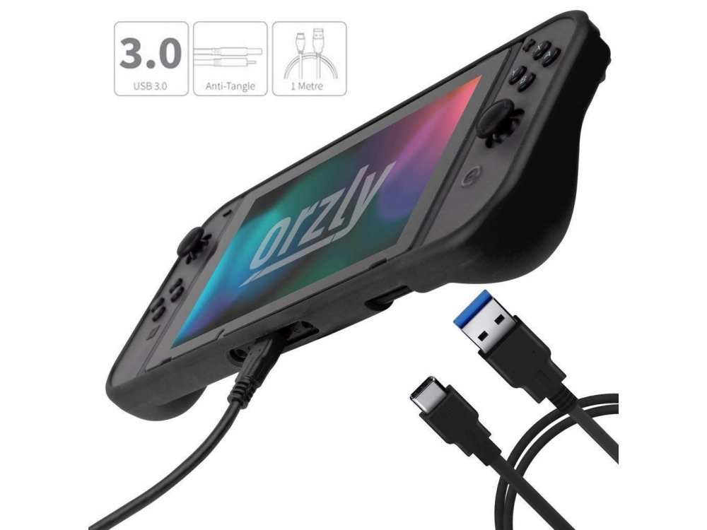 Orzly Nintendo Switch Accessories Bundle - 2x Glass Screen Protector, καλώδιο USB, Carry Case, Θήκη Card Games, Grip, Μαύρο