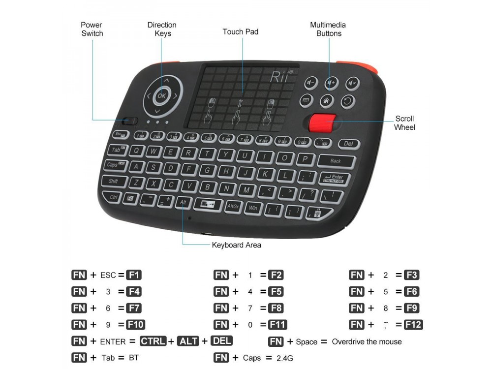 Wireless Keyboard Rii i4 Bluetooth with Mouse Touchpad for Smart TV / Android TV Box / MAG / Consoles / PC / Raspberry