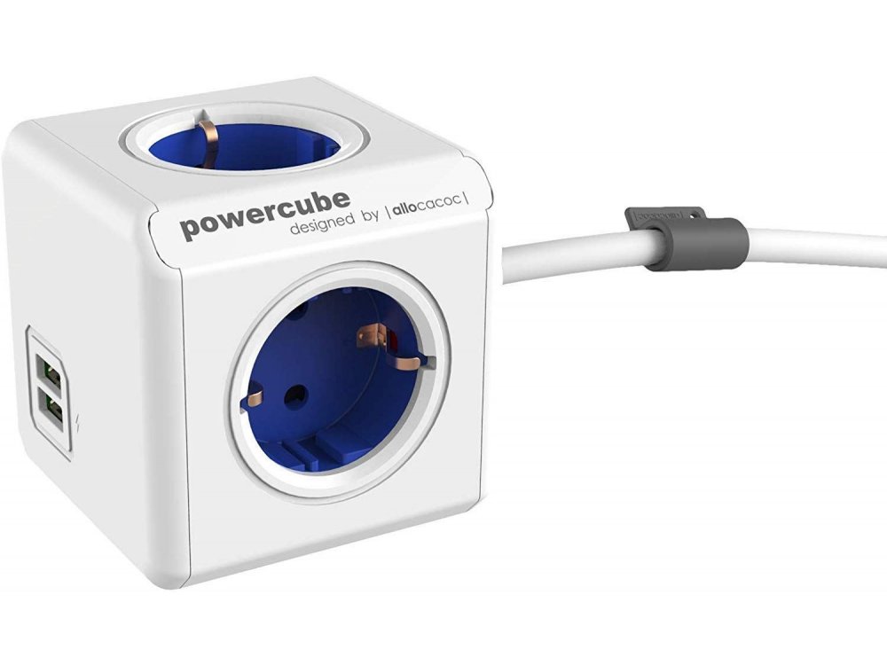 Allocacoc PowerCube Extended 4 Sockets & 2 USB ports, 1.5m Cable Blue