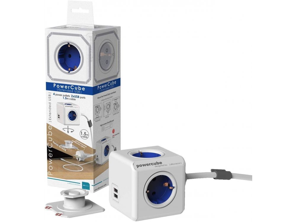 Allocacoc PowerCube Extended 4 Πριζών Σούκο & 2 USB 1.5m Μπλε - 1406BL/DEEUPC