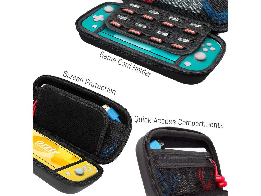 Orzly Nintendo Switch Lite θήκη μεταφοράς για συσκευή και παρελκόμενα, Μαύρη