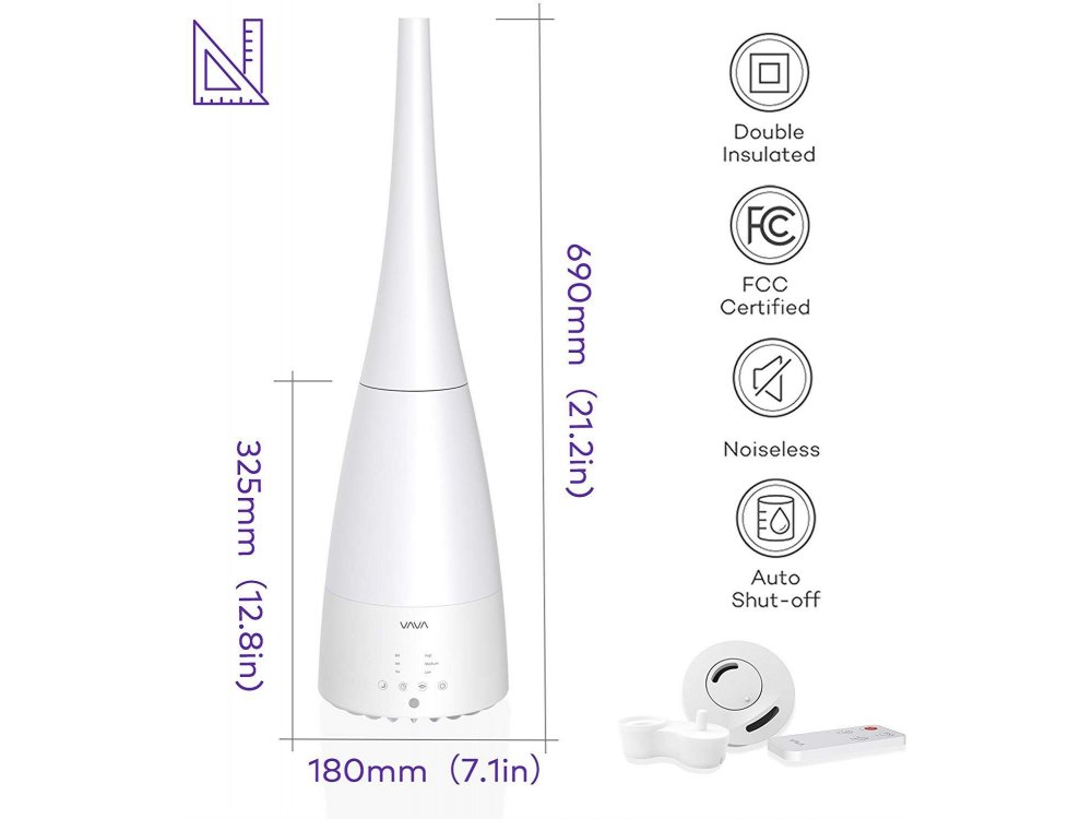 VAVA VA-AH012 Υγραντήρας δωματίου Ultrasonic Mist, 2 Ακροφύσια & Remote control, 3L, Λευκός