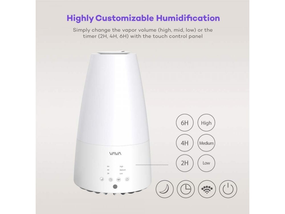 VAVA VA-AH012 Υγραντήρας δωματίου Ultrasonic Mist, 2 Ακροφύσια & Remote control, 3L, Λευκός