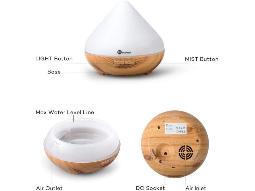TaoTronics TT-AD002 300ml, Oil Diffuser Συσκευή Αρωματοθεραπείας, Adjustable 7 Color, Timer & Auto Shut-Off, Light Wood