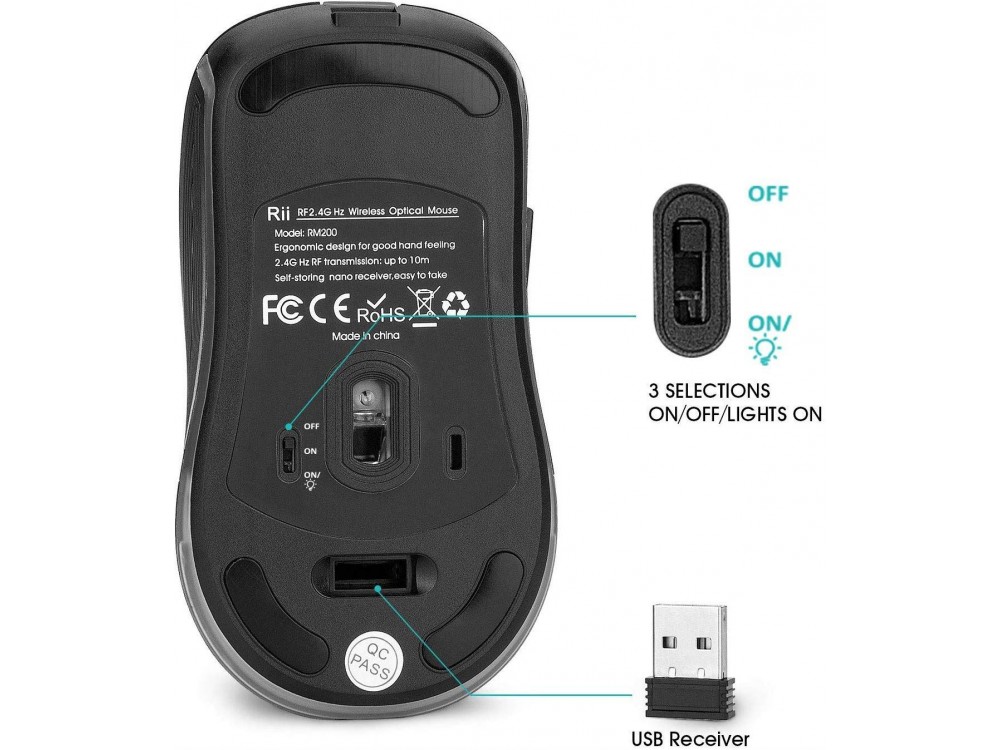 Rii RM200 Wireless Mouse, 800/1200/1600 dpi, 5 Buttons, for Android/Windows/Mac