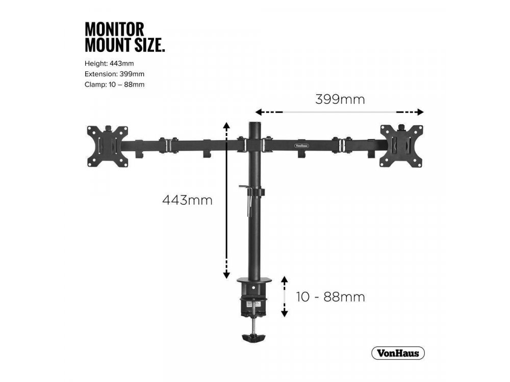 VonHaus Dual Arm Desk Mount with Clamp, TV stand for 2 screens 13”-32”,  up to 16kg - 05/116