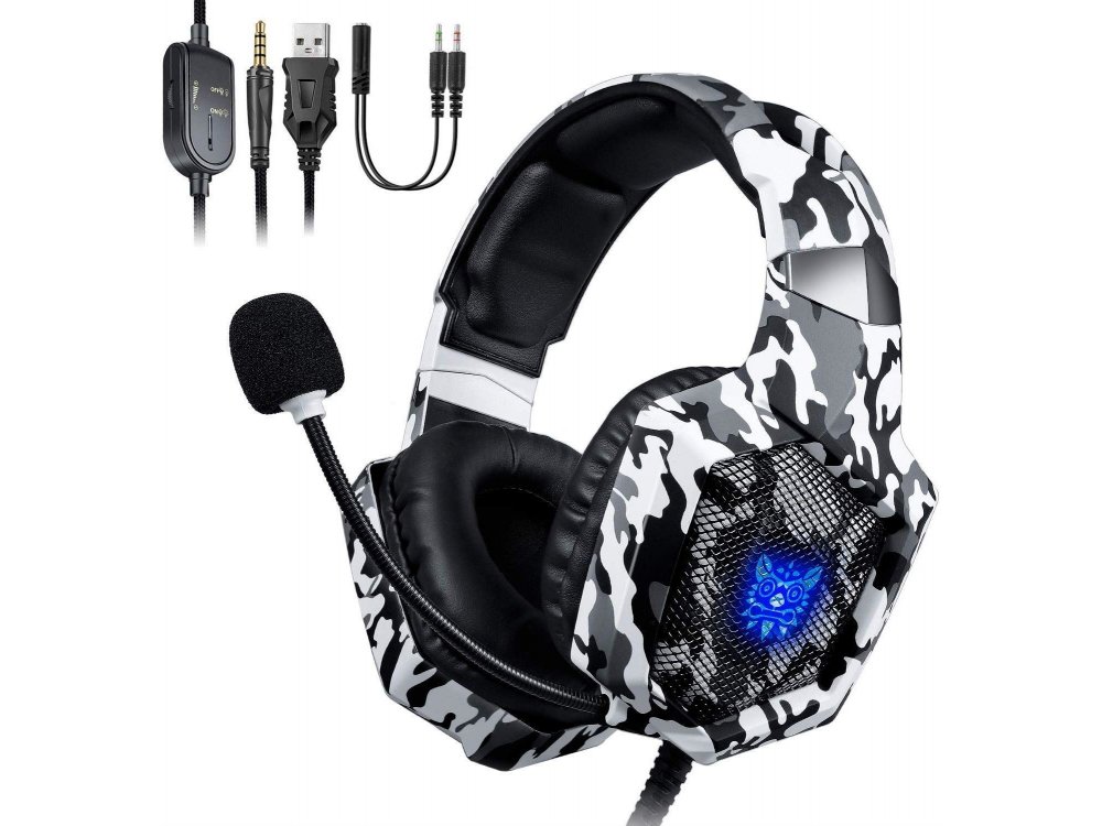 Onikuma K8 Camouflage RGB LED Gaming Headset 7.1 Noise-cancelling Microphone (PC / PS4 / Xbox / Switch / Mac / iOS), Camo White
