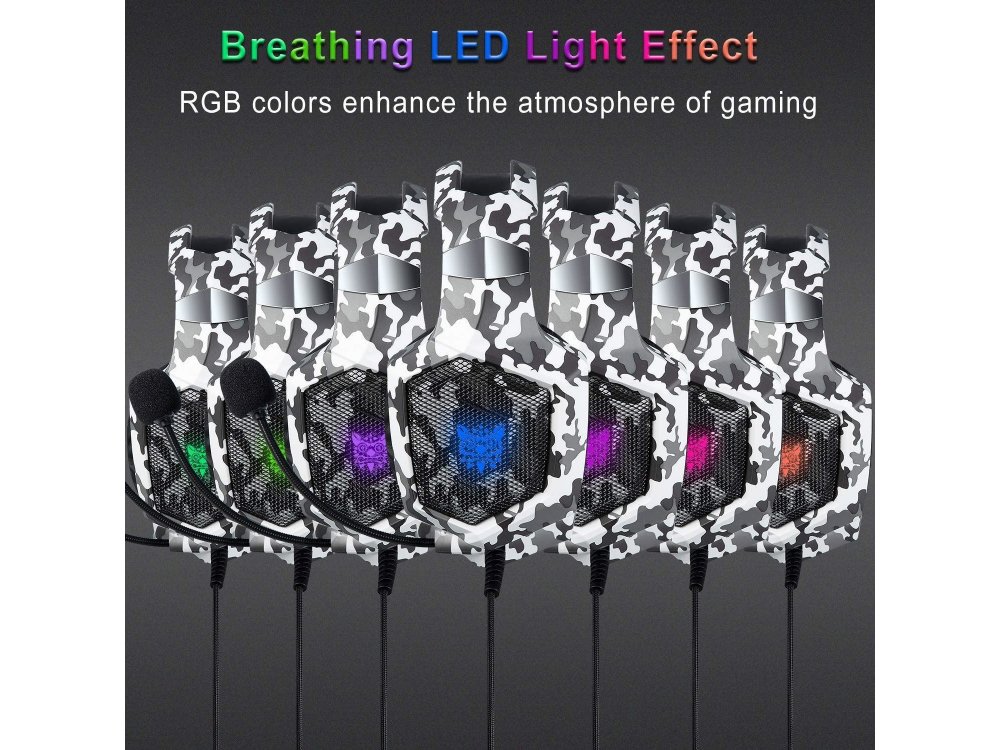 Onikuma K8 Camouflage RGB LED Gaming Headset 7.1  Noise-cancelling Microphone (PC / PS4 / Xbox / Switch / Mac / iOS), Camo White