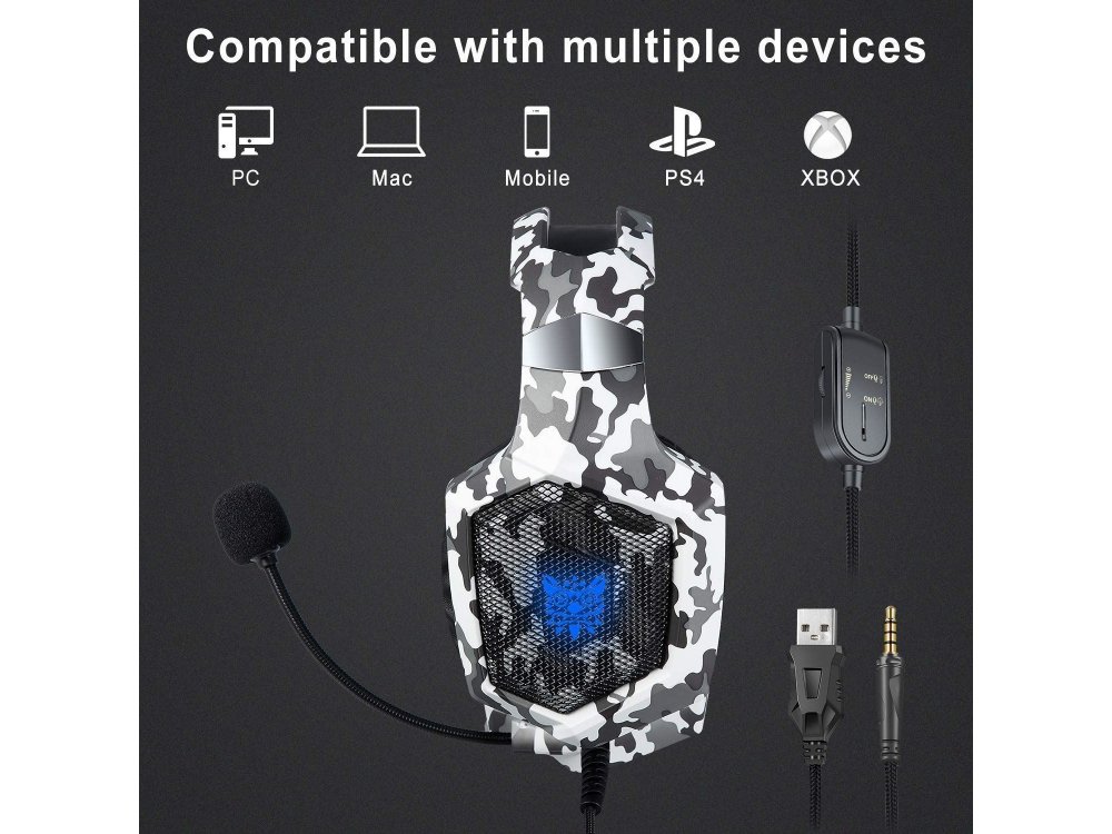 Onikuma K8 Camouflage RGB LED Gaming Headset 7.1  Noise-cancelling Microphone (PC / PS4 / Xbox / Switch / Mac / iOS), Camo White