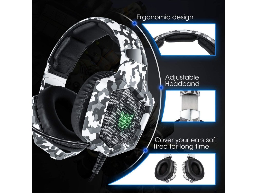 Onikuma K8 Camouflage RGB LED Gaming Headset 7.1  Noise-cancelling Microphone (PC / PS4 / Xbox / Switch / Mac / iOS), Camo White