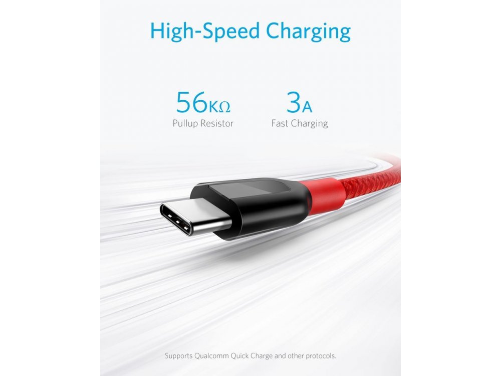 Anker Powerline+ Cable USB-C 10ft. with Nylon Braided- A8267091, Red