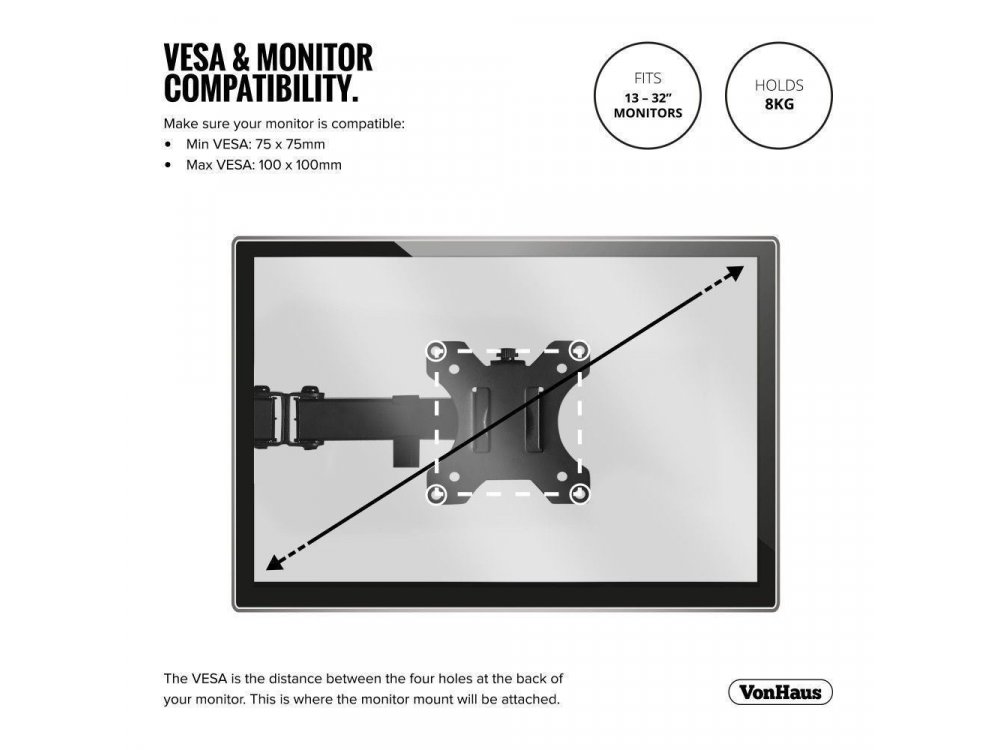 VonHaus Single Arm Desk Mount with Clamp, Screen Stand 13”-32”, up to 8kg - 05/115