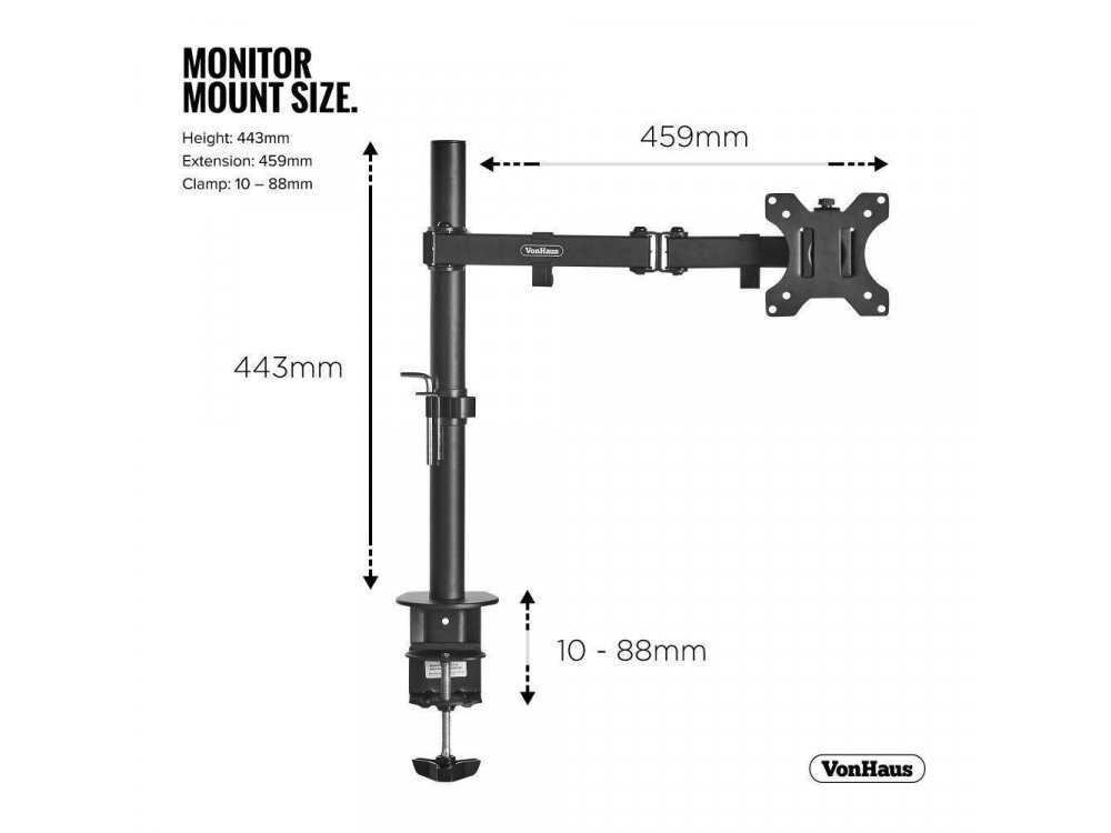 VonHaus Single Arm Desk Mount with Clamp, Screen Stand 13”-32”, up to 8kg - 05/115