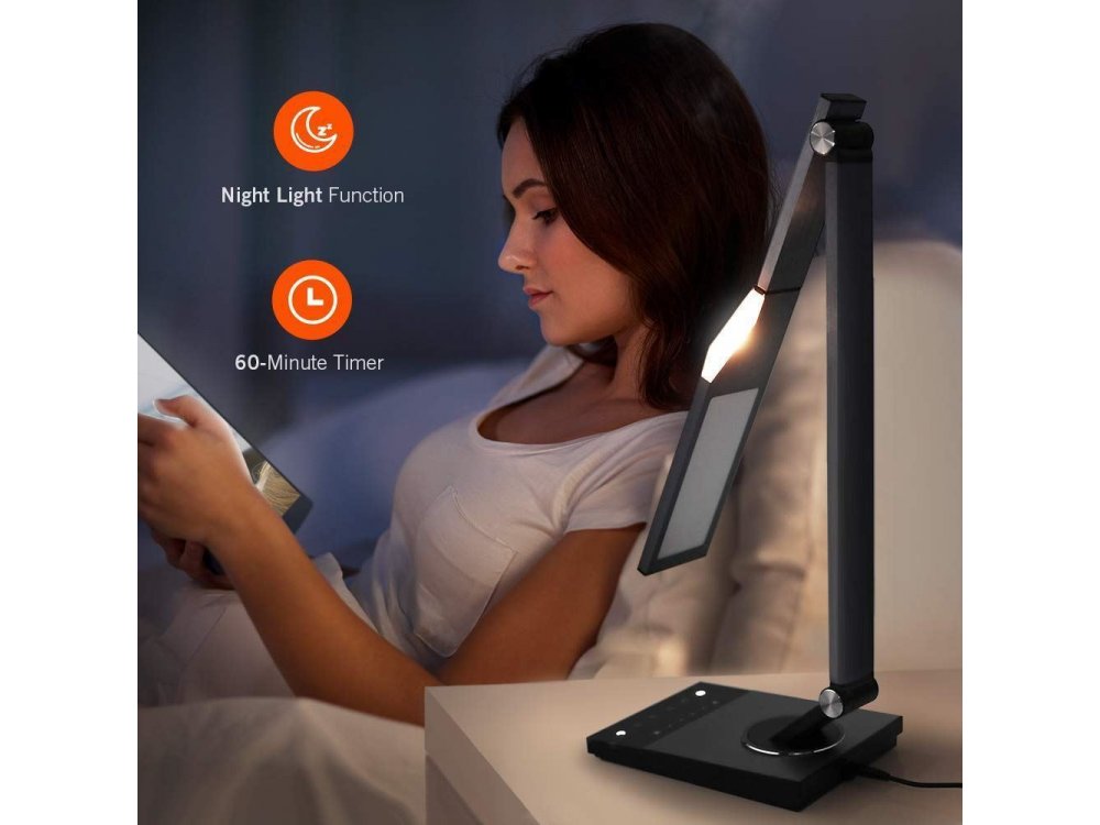 TaoTronics TT-DL16 LED Desk lamp with Touch Control & USB Port, 5 Color Modes, 6 Brightness Levels, Timer, Night Light, Iron Gray