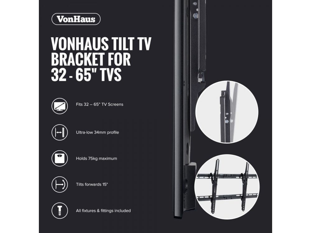 VonHaus Ultra Slim TV Mount, Επικλινόμενη Βάση για TV 32”-65”, έως 75kg - 05/023x