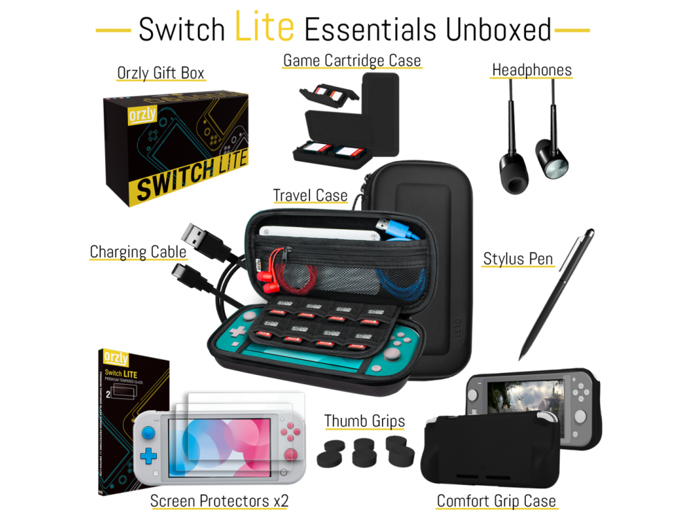 Orzly Nintendo Switch Lite Accessories Bundle - 2x Glass Screen Protector, καλώδιο USB, θήκη μεταφοράς, Card Games κ.α. Μαύρο