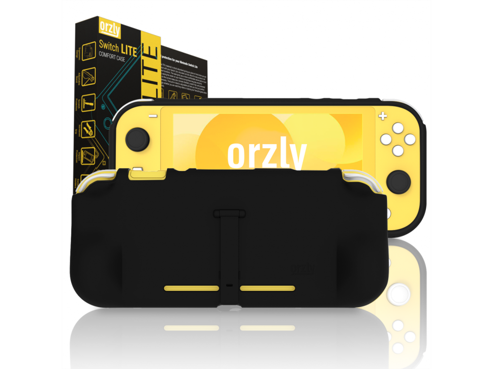 Orzly Nintendo Switch Lite protective cover / Comfort Grip with Kickstand & Pack of 6 Thumb Grips - Black