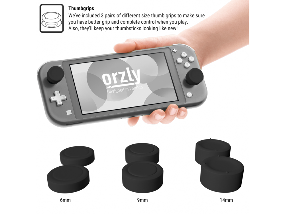 Orzly Nintendo Switch Lite protective cover / Comfort Grip with Kickstand & Pack of 6 Thumb Grips - Black