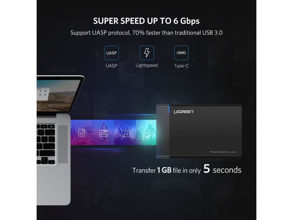 Ugreen External Hard Drive Enclosure USB-C 3.1 to SATA Adapter (6Gbps), Θήκη για 2.5" SATA Εξωτερικούς Σκληρούς δίσκους - 50743