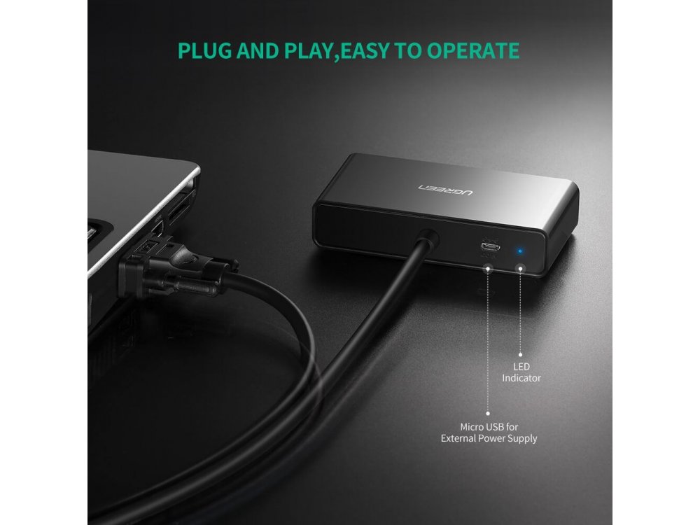 Ugreen VGA 1 in - 2 Οut Splitter, 1 Πηγή σε 2 Οθόνες, 1μ. Μαύρο - 20918
