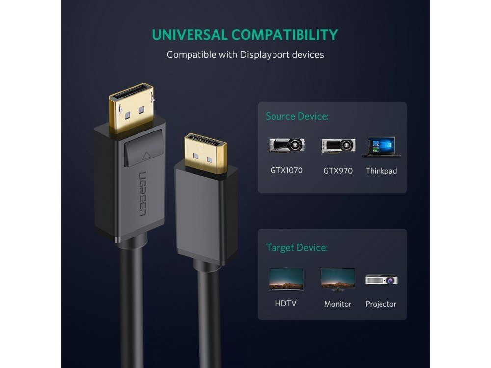 Ugreen DisplayPort Cable 4K@60Hz, 3ft. Black - 10244