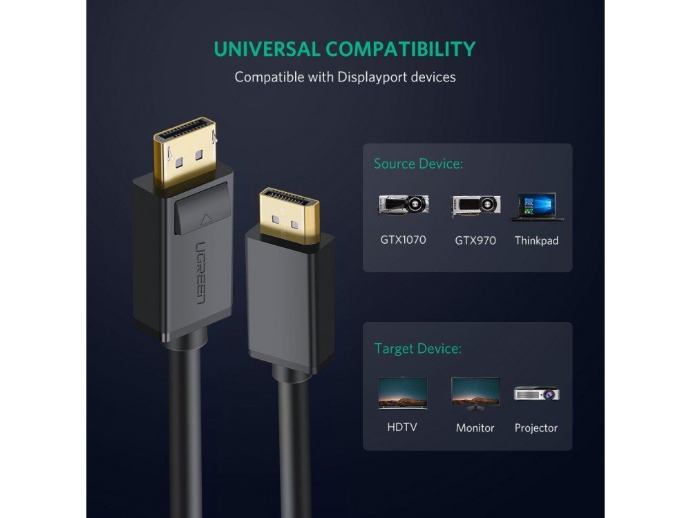 Ugreen DisplayPort Καλώδιο 4K@60Hz, 1μ. Μαύρο - 10244