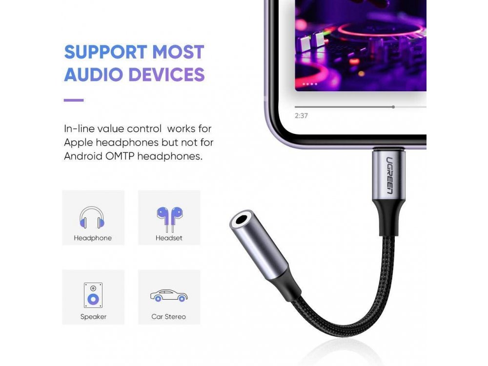 Ugreen 3.5mm AUX Audio Αντάπτορας σε Lightning για Apple iPhone / iPad / iPod MFi - 30756