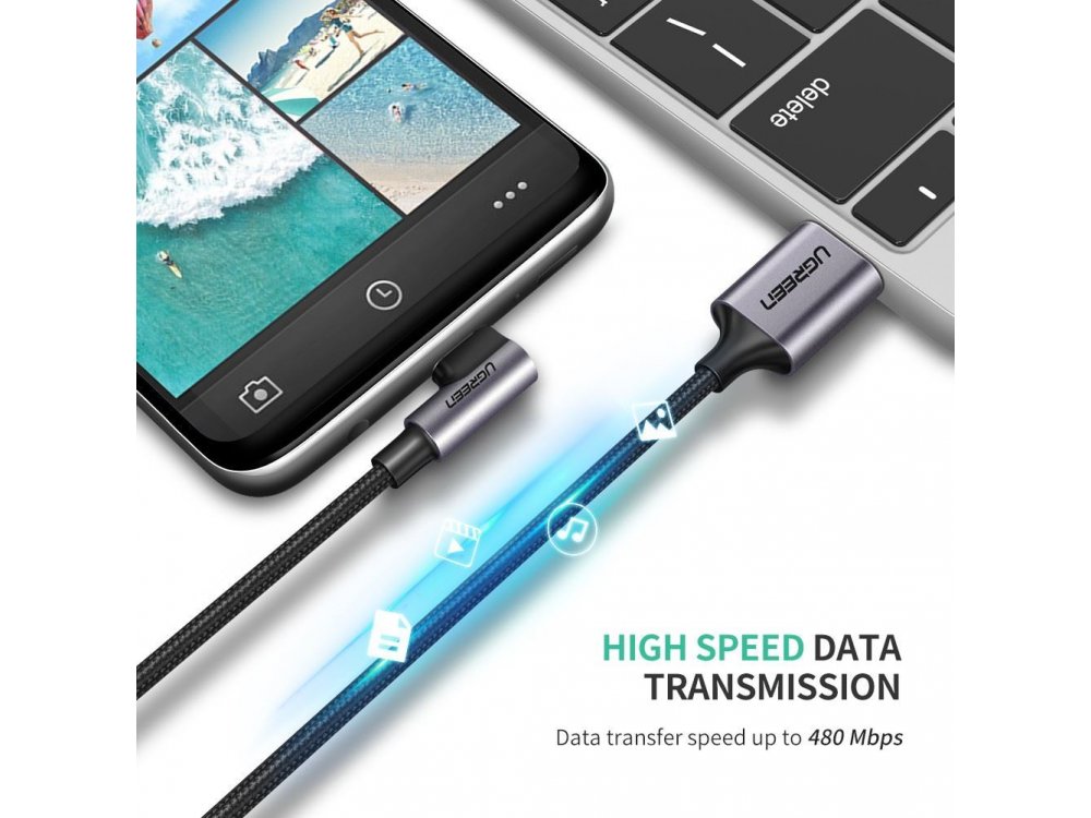 Ugreen Γωνιακό 90° USB-C καλώδιο 0,9μ. Με Νάυλον ύφανση, Μαύρο - 50941