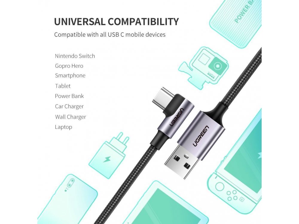 Ugreen Γωνιακό 90° USB-C καλώδιο 0,9μ. Με Νάυλον ύφανση, Μαύρο - 50941