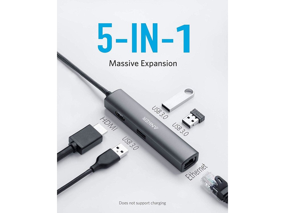 Anker PowerExpand+ 5-in-1 Premium USB C Data Hub - HDMI/4K*1 + USB3.0*3 + Gbps LAN with Nylon braiding - A83380A1