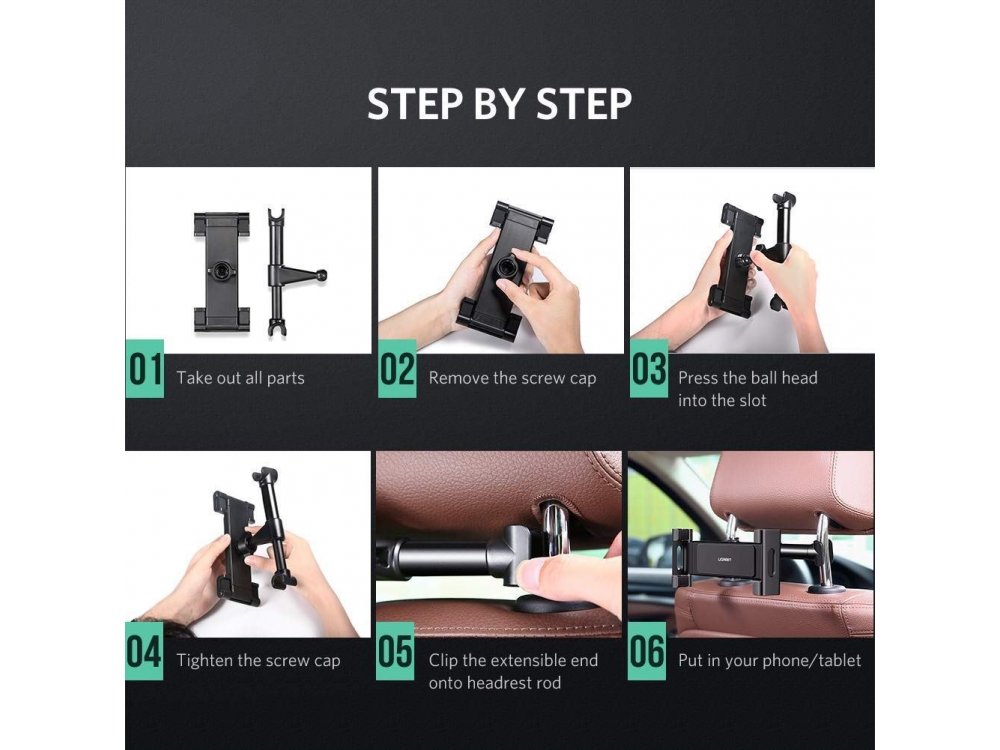 Ugreen Tablet Mount, tablet mount for car seat headrest, for devices 4.7"-12.9", Black - 60108